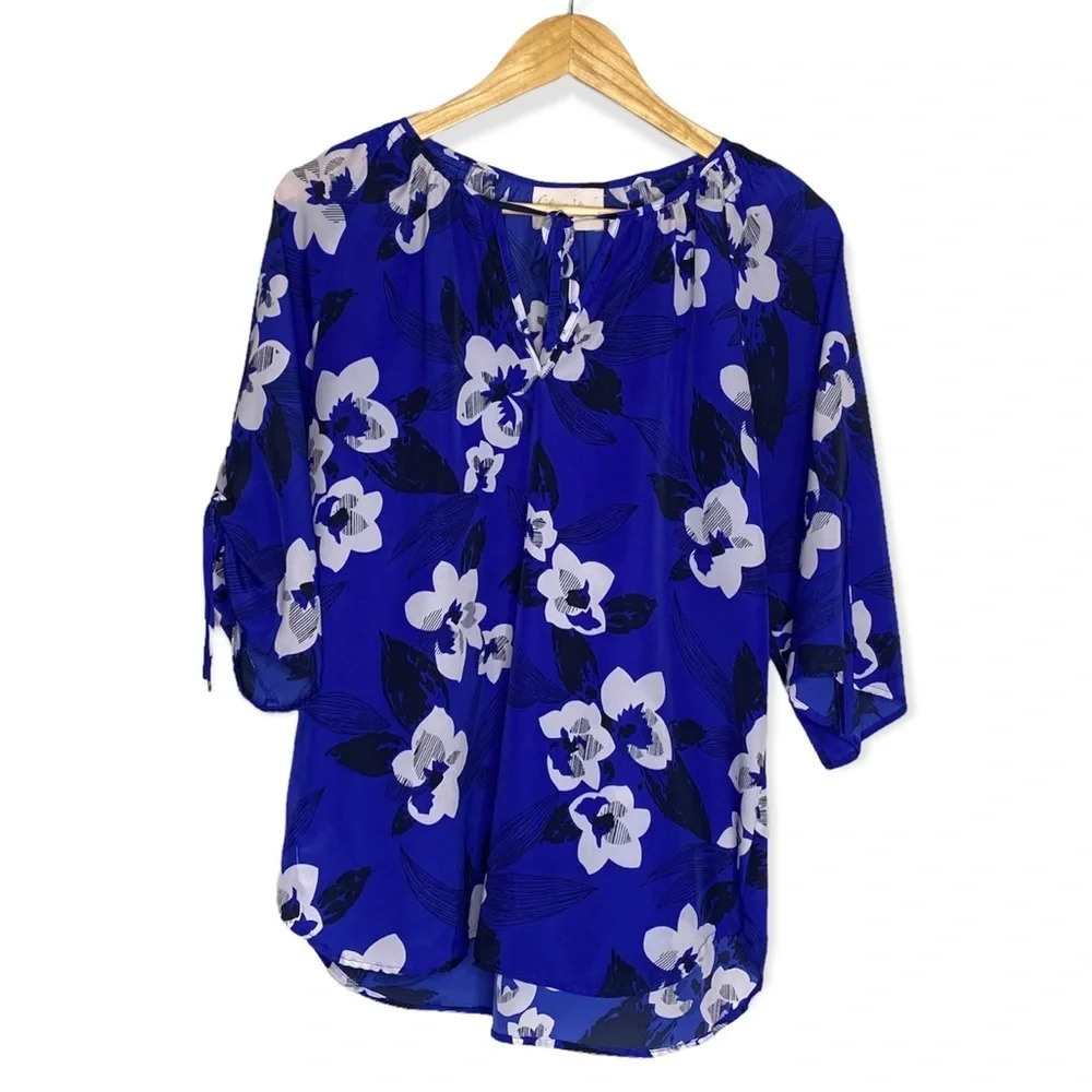 Yumi Kim Blue Floral Joey Tie Neck Peasant Blouse Size Small
